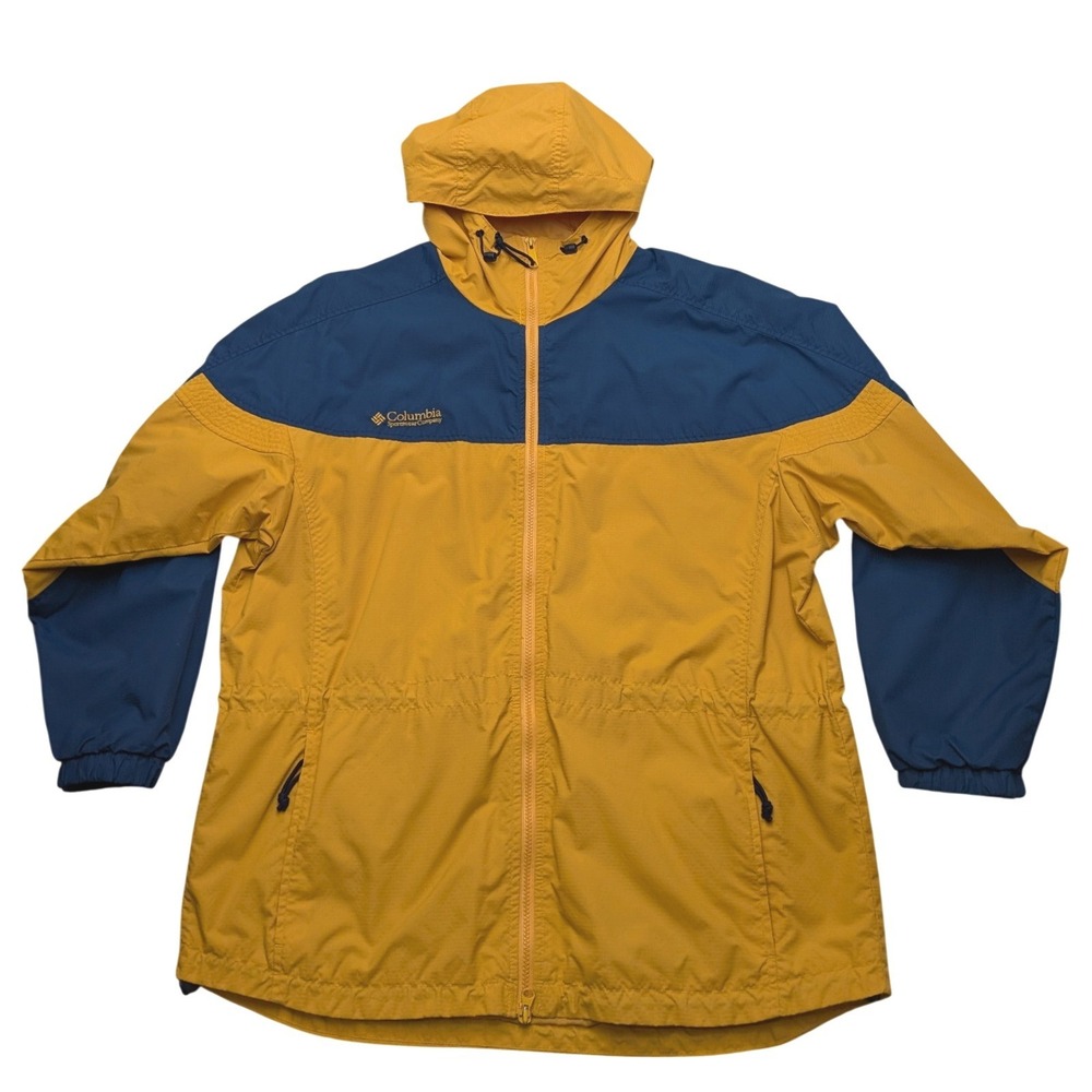 Vintage 90s Columbia Sportswear Jacket Woman L Yellow Navy Hooded Windbreaker